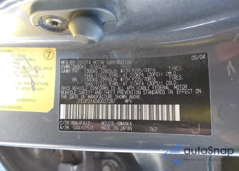 2004 Toyota Highlander V6 z USA, uszkodzony, nr VIN JTEGP21A040037287